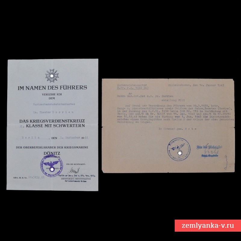 Документ и наградной лист корветен-капитана Кригсмарине на КВК2 с мечами