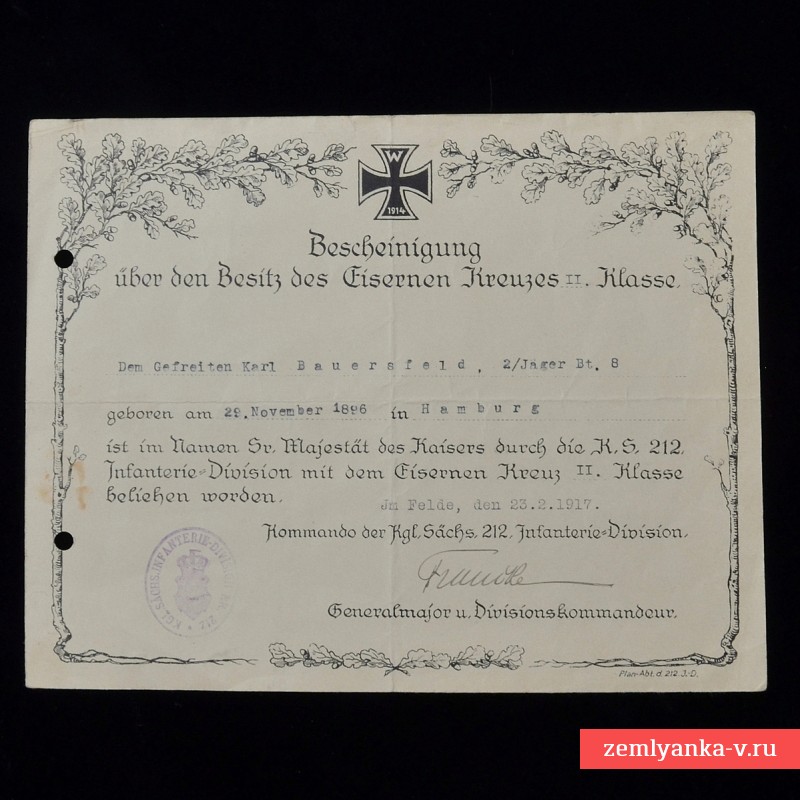 Наградной документ на железный крест 2 класса образца 1914 года на саксонского егеря