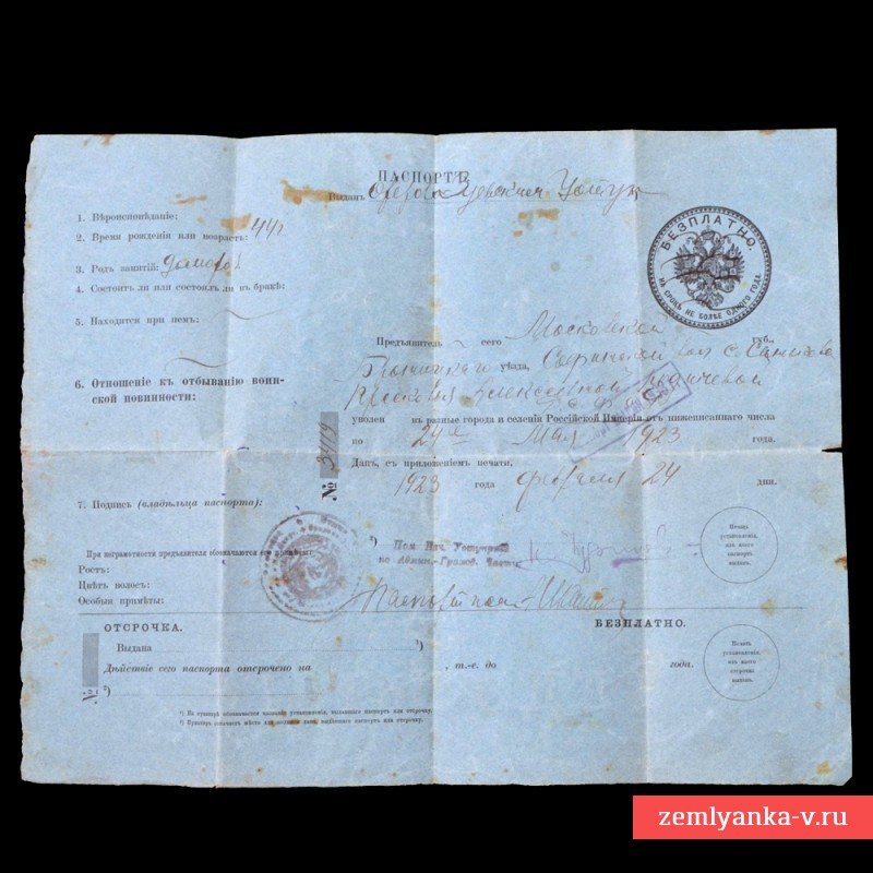 Паспорт на имя П. Родичевой, 1923 г.