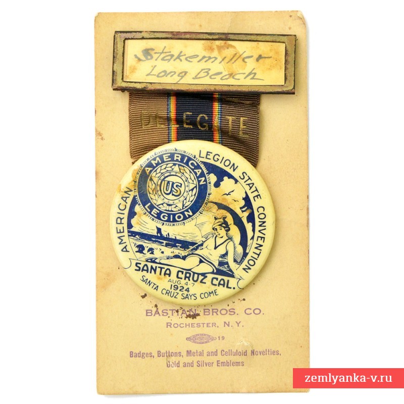 Медаль участника съезда Американского легиона в Калифорнии, Санта-Круз, 1924 г.