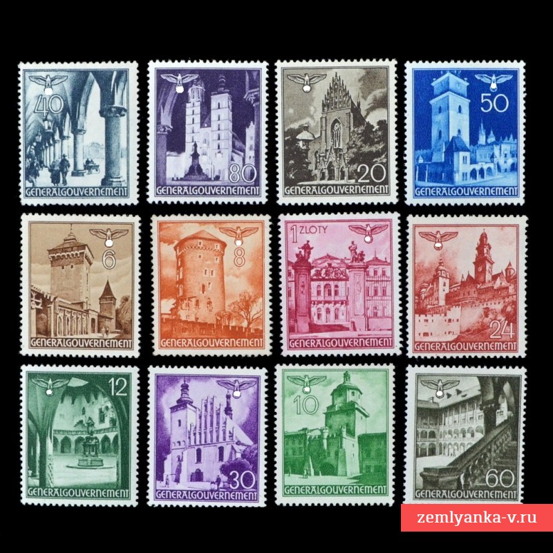 Полная серия марок «Архитектура», польское генерал-губернаторство