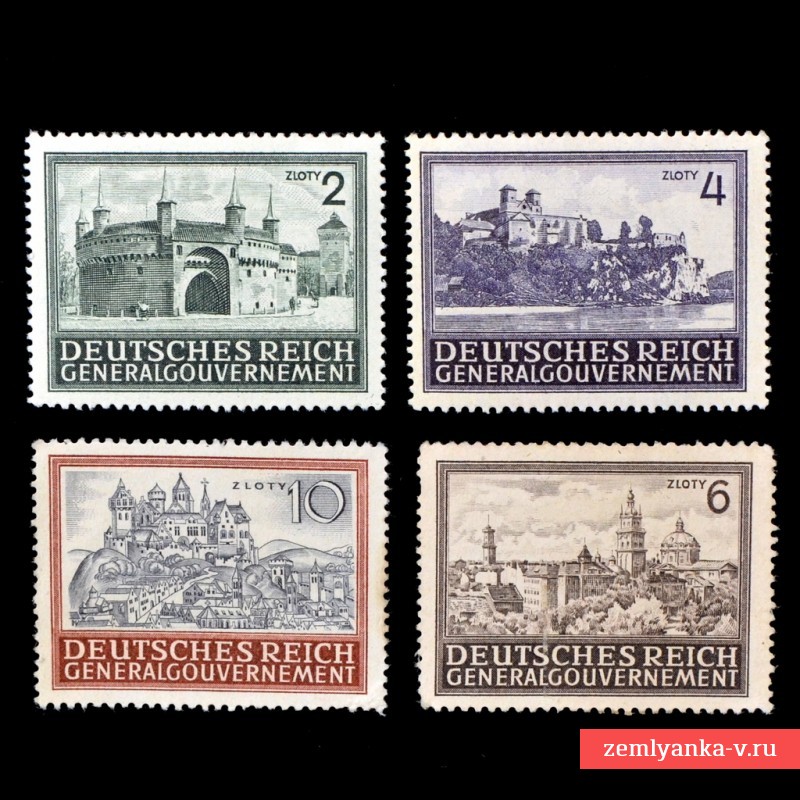 Полный комплект марок из серии «Замки Польши»*/**, оккупация