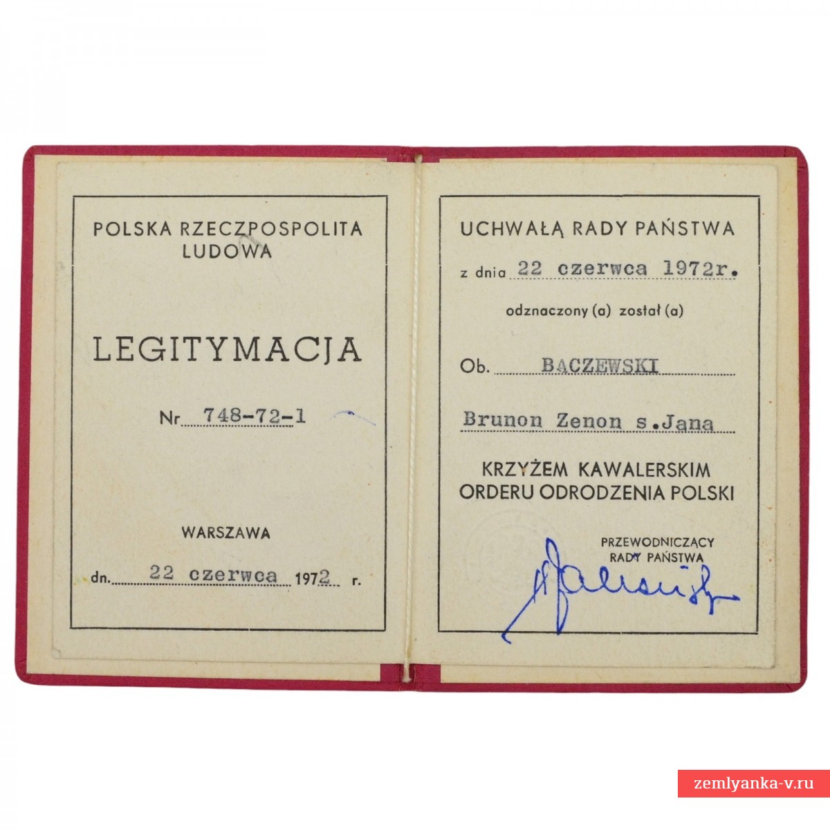 Наградной документ на кавалерский крест Ордена Возрождения Польши, 1972 г.