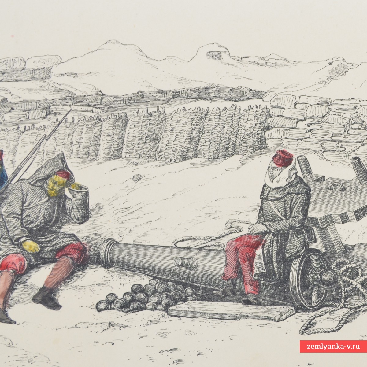 Литография периода Крымской войны «На батарее тяжелых пушек в Севастополе»