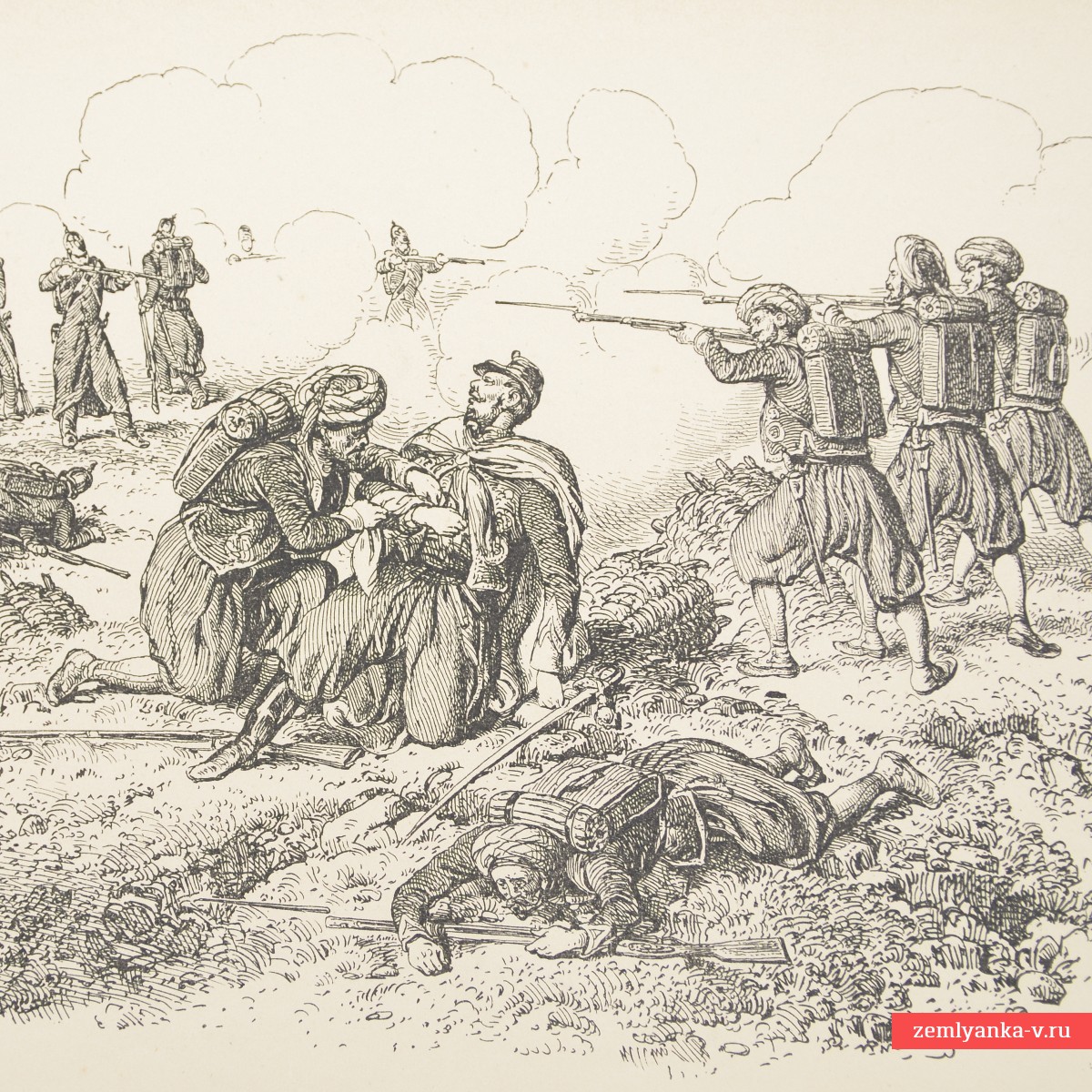 Литография периода Крымской войны «Зуав под огнем перевязывает руку офицера»